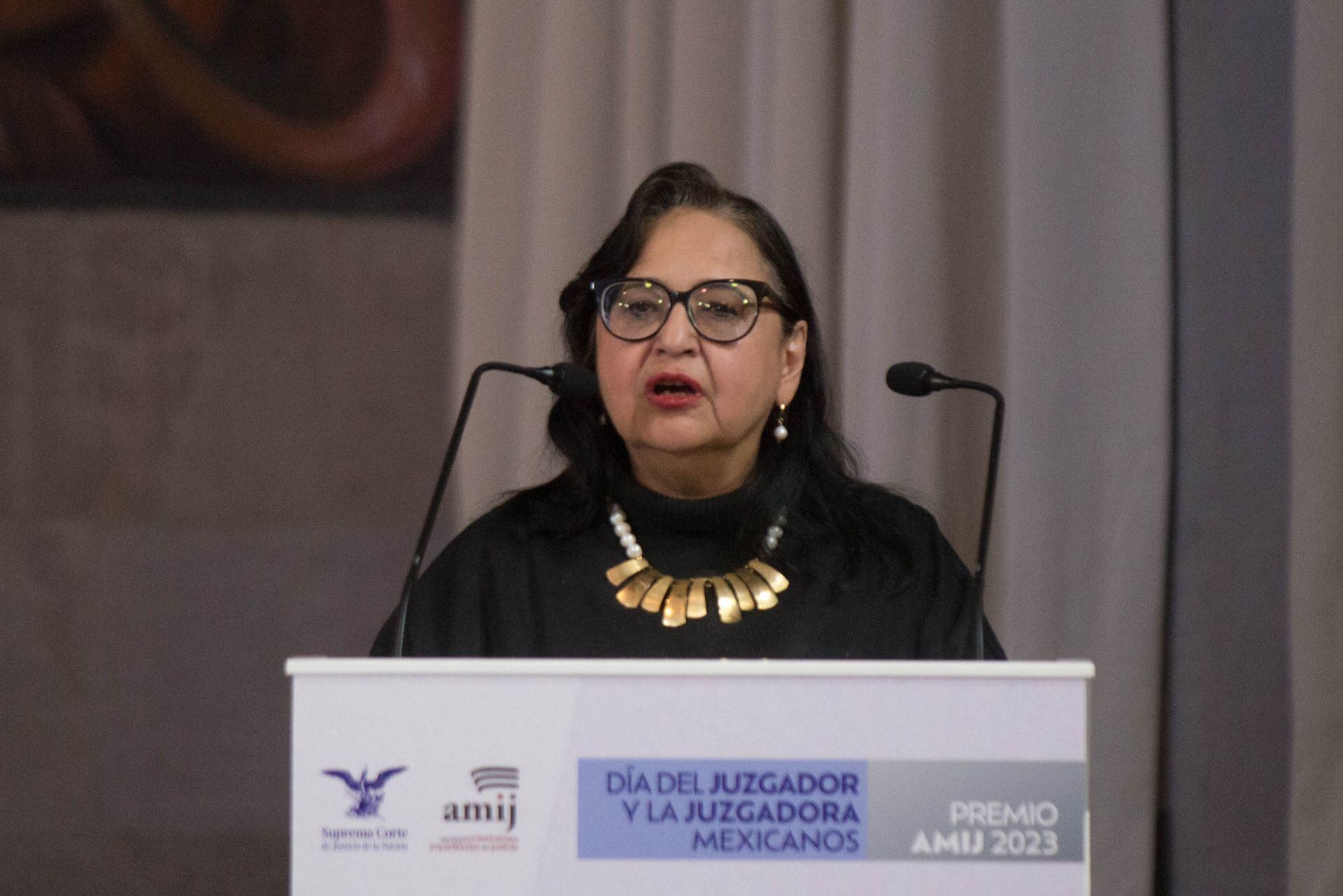Norma Lucía Piña, Ministra Presidenta de la Suprema Corte de Justicia de la Nación (SCJN) y del Consejo de la Judicatura Federal (CJF), durante la ceremonia del Día del Juzgador y la Juzgadora Mexicanos, y la entrega de los premios AMIJ 2023.