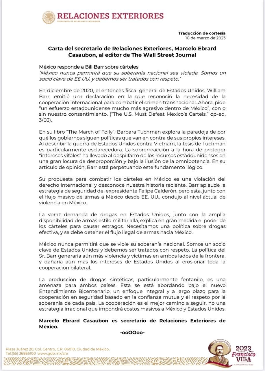 Marcelo Ebrard responde a propuesta de combatir cárteles con ejército de Estados Unidos; esto dijo a William Barr