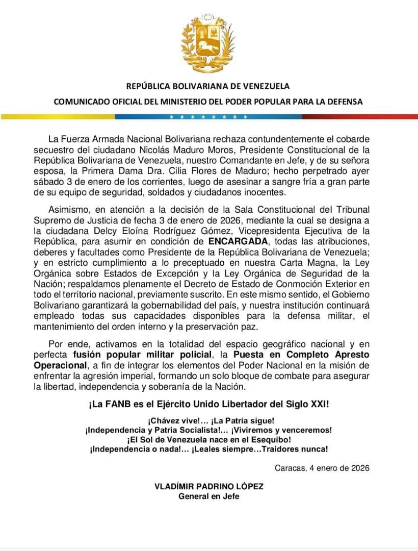 Comunicado del Gobierno de Venezuela por ataque de Estados Unidos dejó muertos del equipo de seguridad de Maduro