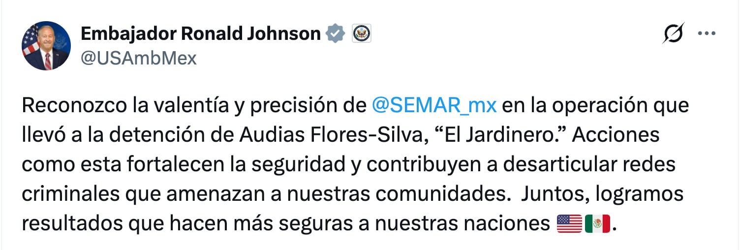 Ronald Johnson destaca trabajo de Semar en detención de El Jardinero