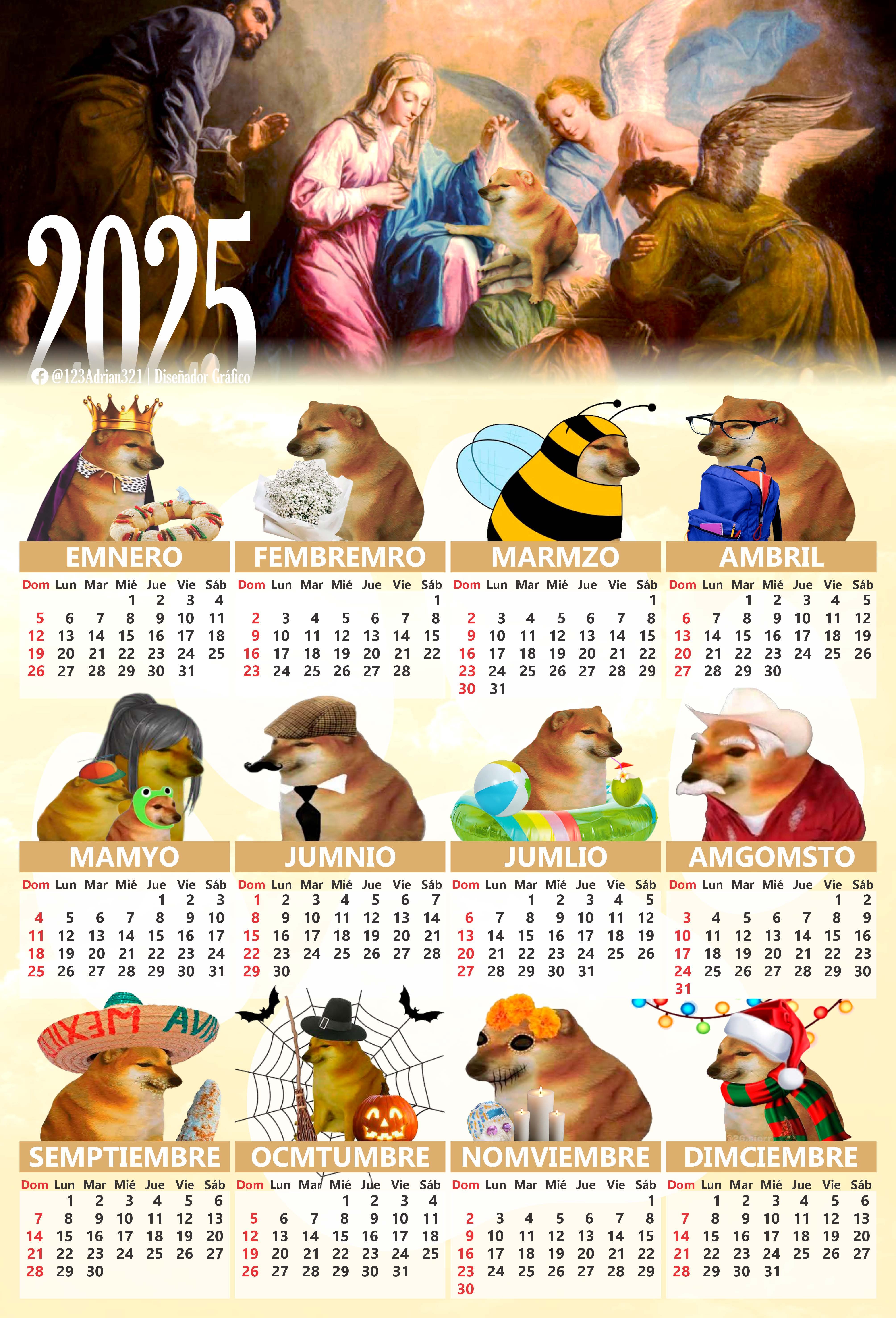 Calendario 2025 para imprimir gratis de Cheems