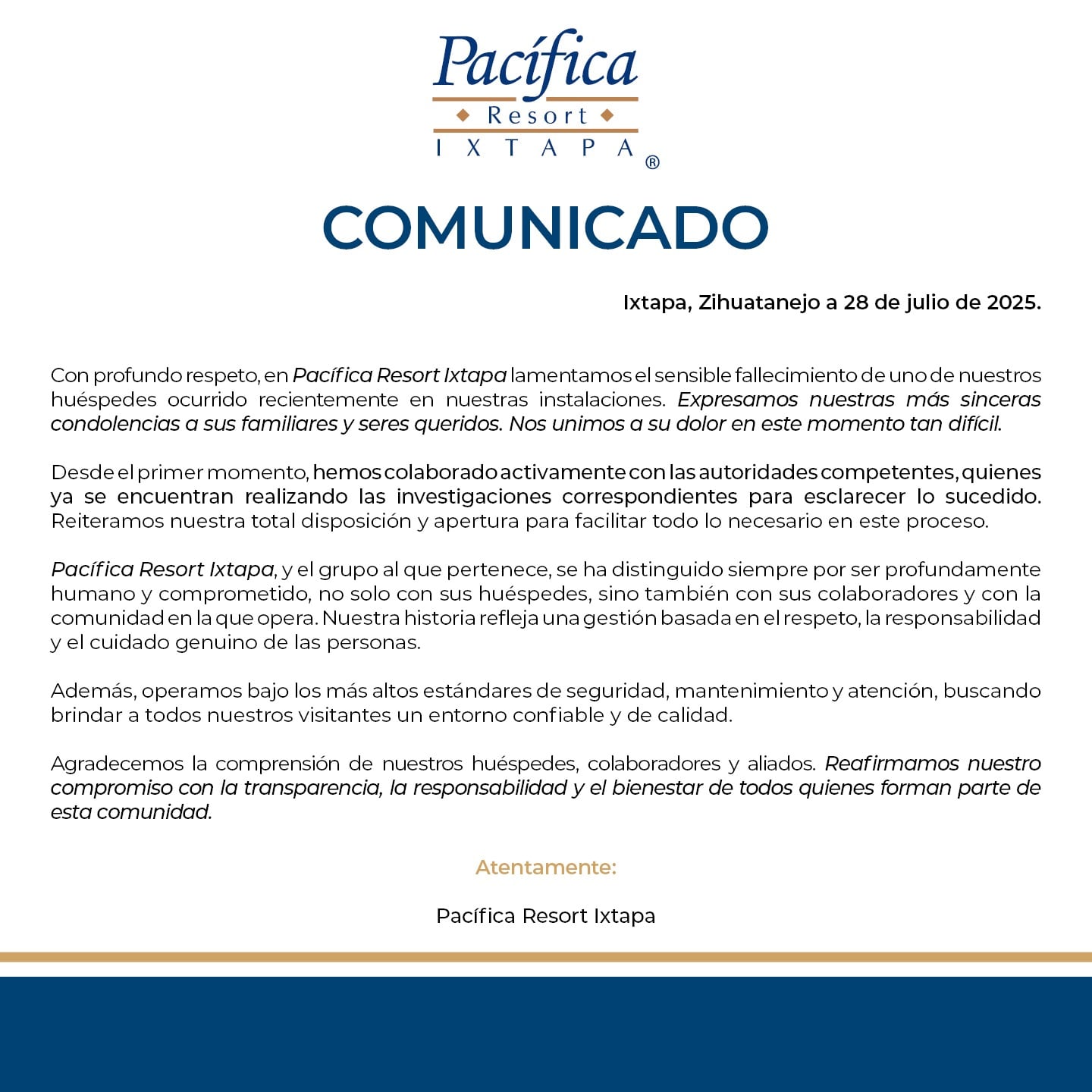 Hotel Pacífica Resort Ixtapa sobre de muerte de Sagid Rodolfo Carreón Calderón