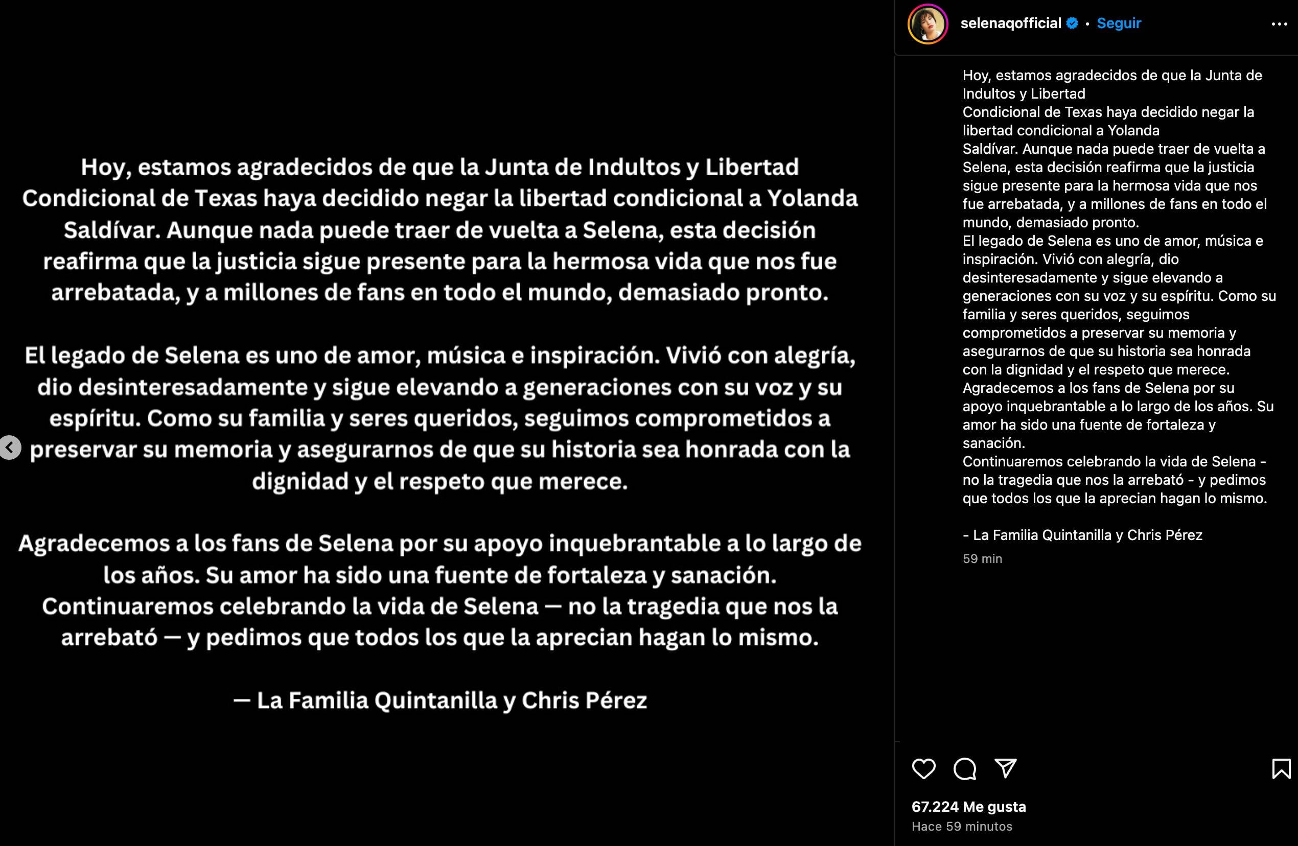 Familia de Selena Quintanilla comparte comunicado, luego de que las autoridades le negara la libertad condicional a su asesina