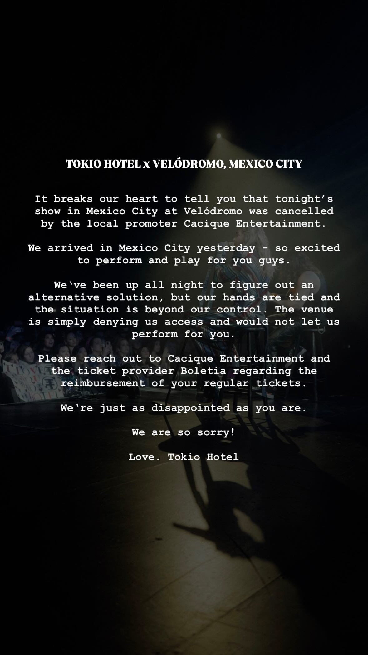 ¿Por qué se canceló el concierto de Tokio Hotel en CDMX? La culpa es de Cacique Entertainment