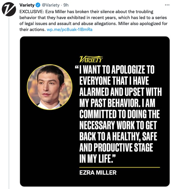 Ezra Miller se disculpa y reconoce problemas de salud mental