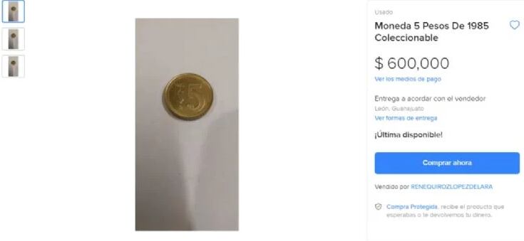 Esta moneda de 5 pesos se vende en 600 mil pesos