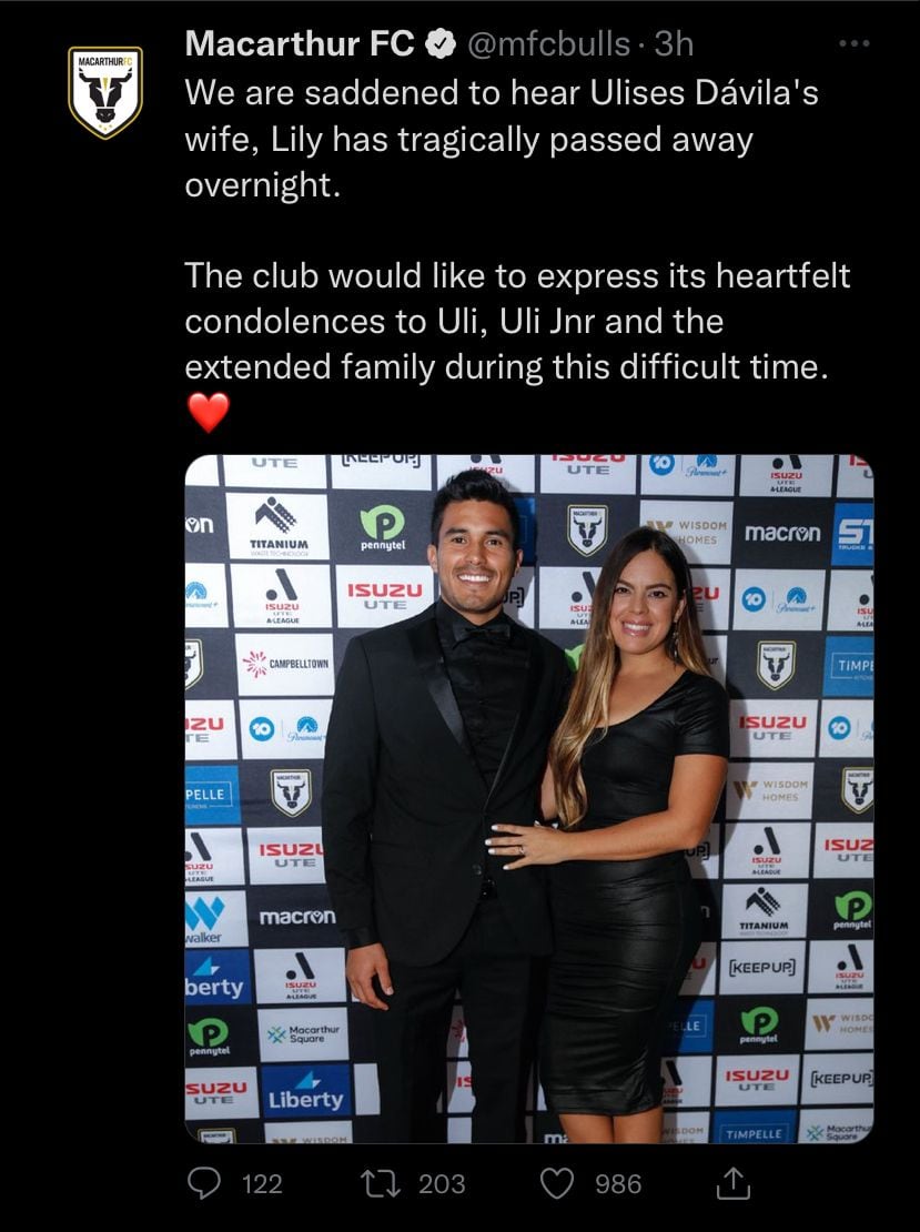 El Macarthur FC lanzó un comunicado para expresar sus condolencias hacia Ulises Dávila y familia.
