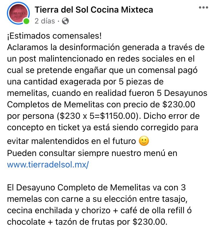 Comunicado del restaurante de Oaxaca