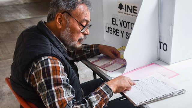 Un adulto mayor se respalda con un acordeón escrito por el mismo para decidir y emitir su voto en la boleta adecuada en las elecciones del Poder Judicial