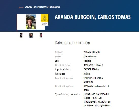 Ficha amarilla de búsqueda Carlos Tomás Aranda