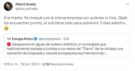 Alan Estrada comparte sobre el submarino perdido en busca del Titanic.
