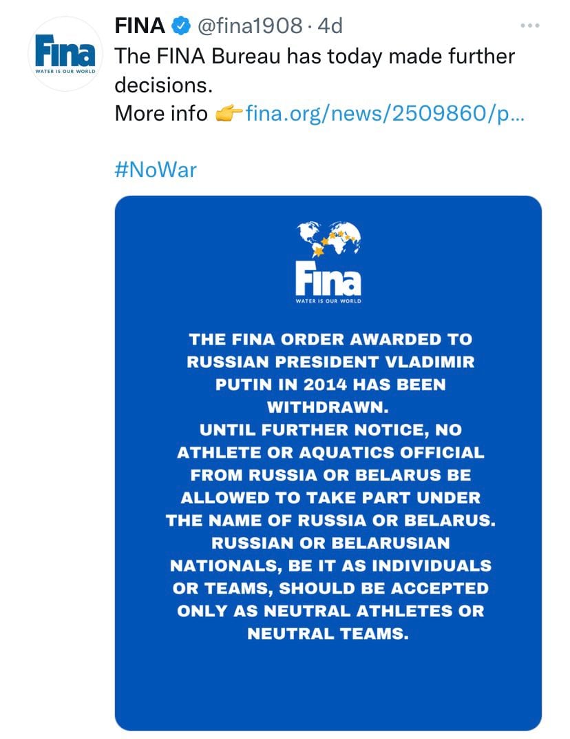 Comunicado de la Federación Internacional de Natación sobre las medidas que tomará en contra de Rusia, Bielorrusia y Vladimir Putin.