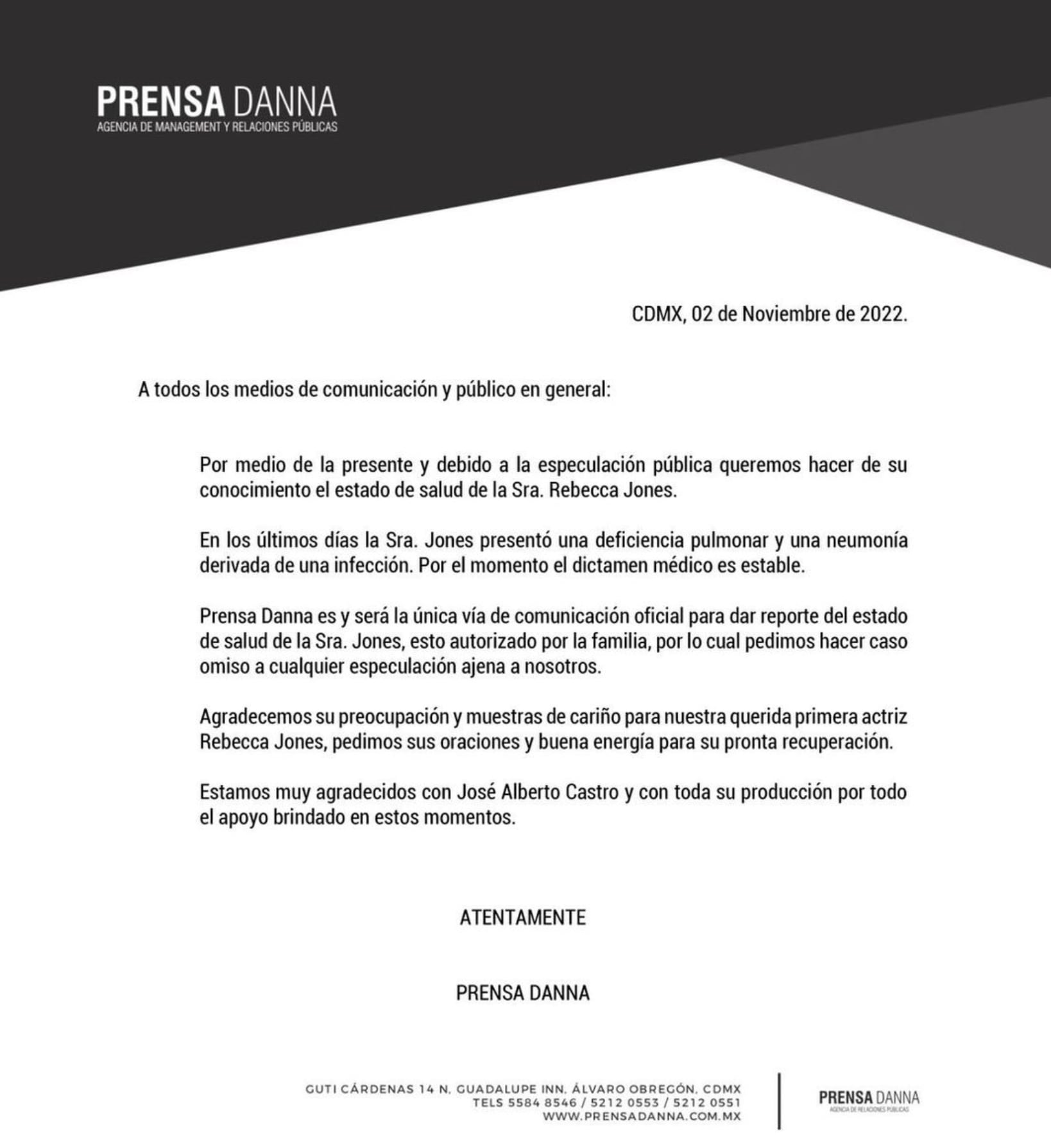 La agencia Prensa Danna emitió el 2 de noviembre un comunicado sobre el estado de salud de Rebecca Jones
