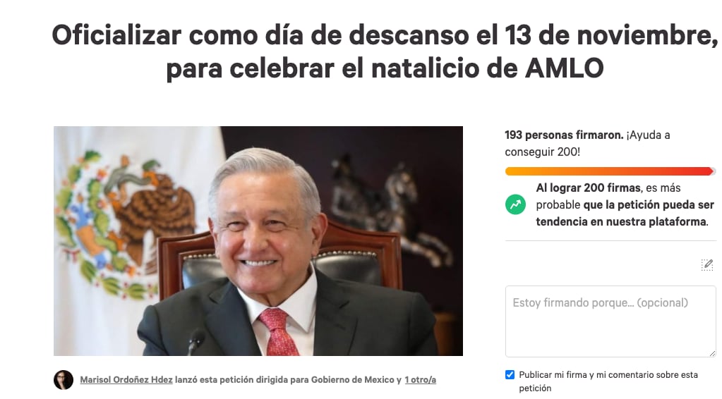 Petición en Change.Org sobre día de descanso oficial en cumpleaños de AMLO