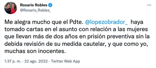 Rosario Robles celebra decisión de AMLO de atender casos de mujeres en prisión