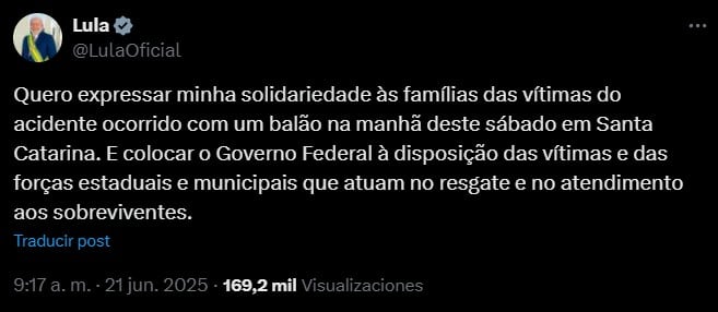 Presidente de Brasil sobre accidente en un globo aerostático