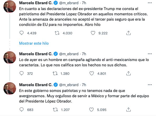 Tuits de Marcelo Ebrard tras declaraciones de AMLO este 25 de abril.