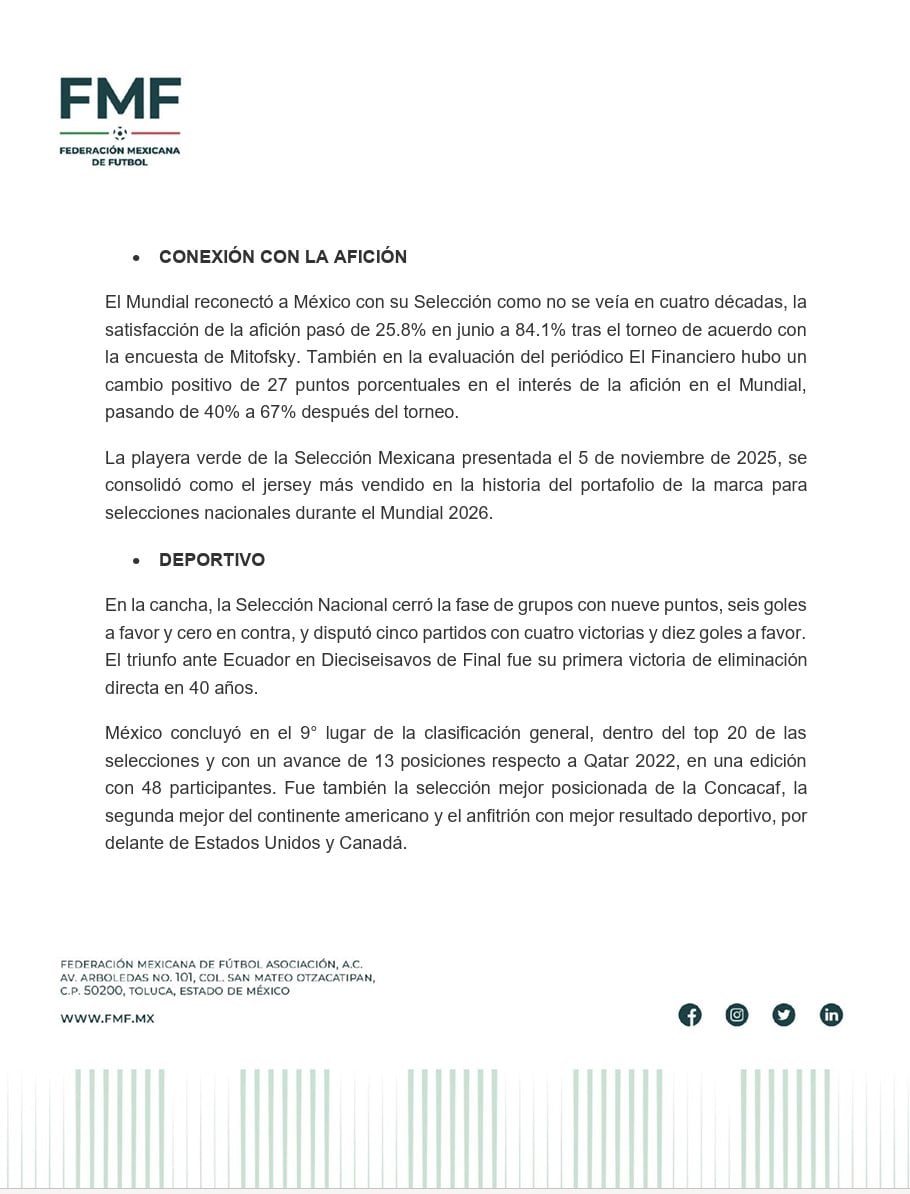 FMF presenta balance del Mundial 2026 y destaca el papel de México