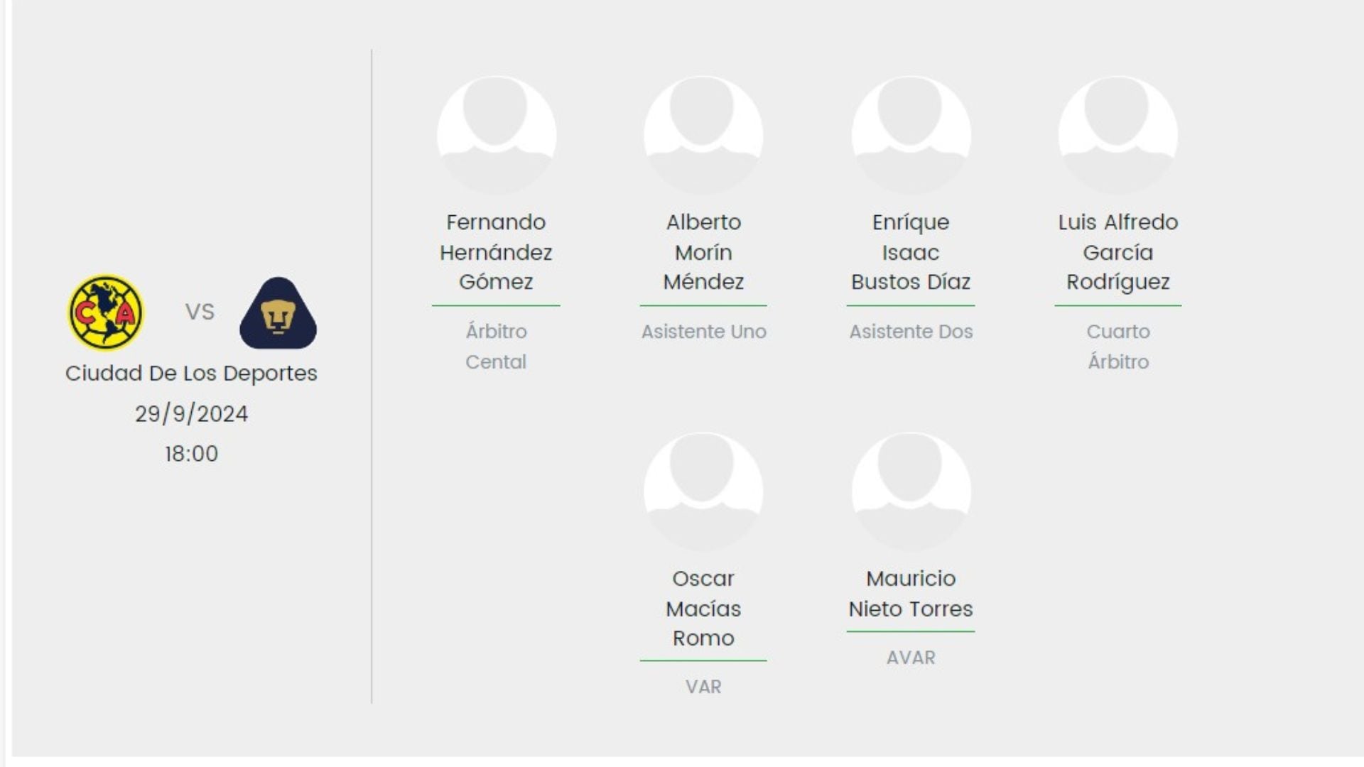 Cuerpo arbitral para el América vs Pumas.
