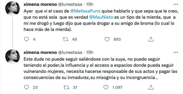 Ximena Moreno denuncia a Mau Nieto por drogarla