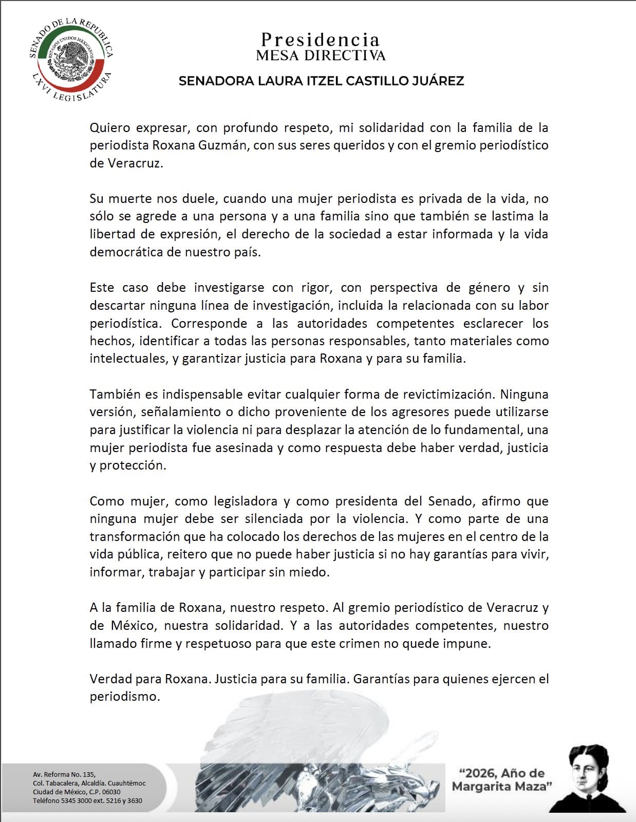 Asesinato de Roxana Guzmán debe investigarse con perspectiva de género, exige Laura Itzel Castillo