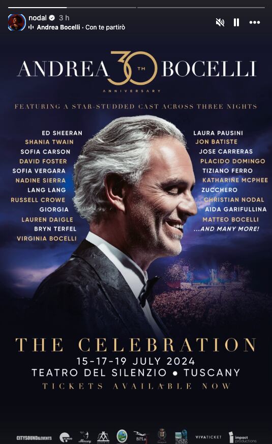 Christian Nodal será el invitado de honor en el concierto de Andrea Bocelli