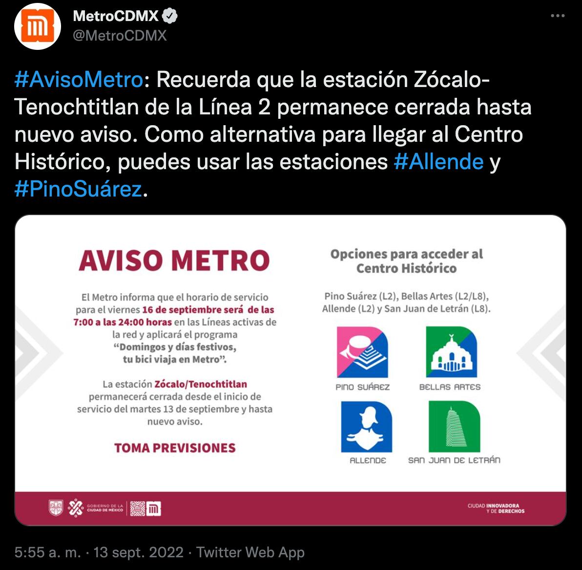 Horarios del Metro, Metrobús, Trolebús y RTP para el 15 y 16 de septiembre