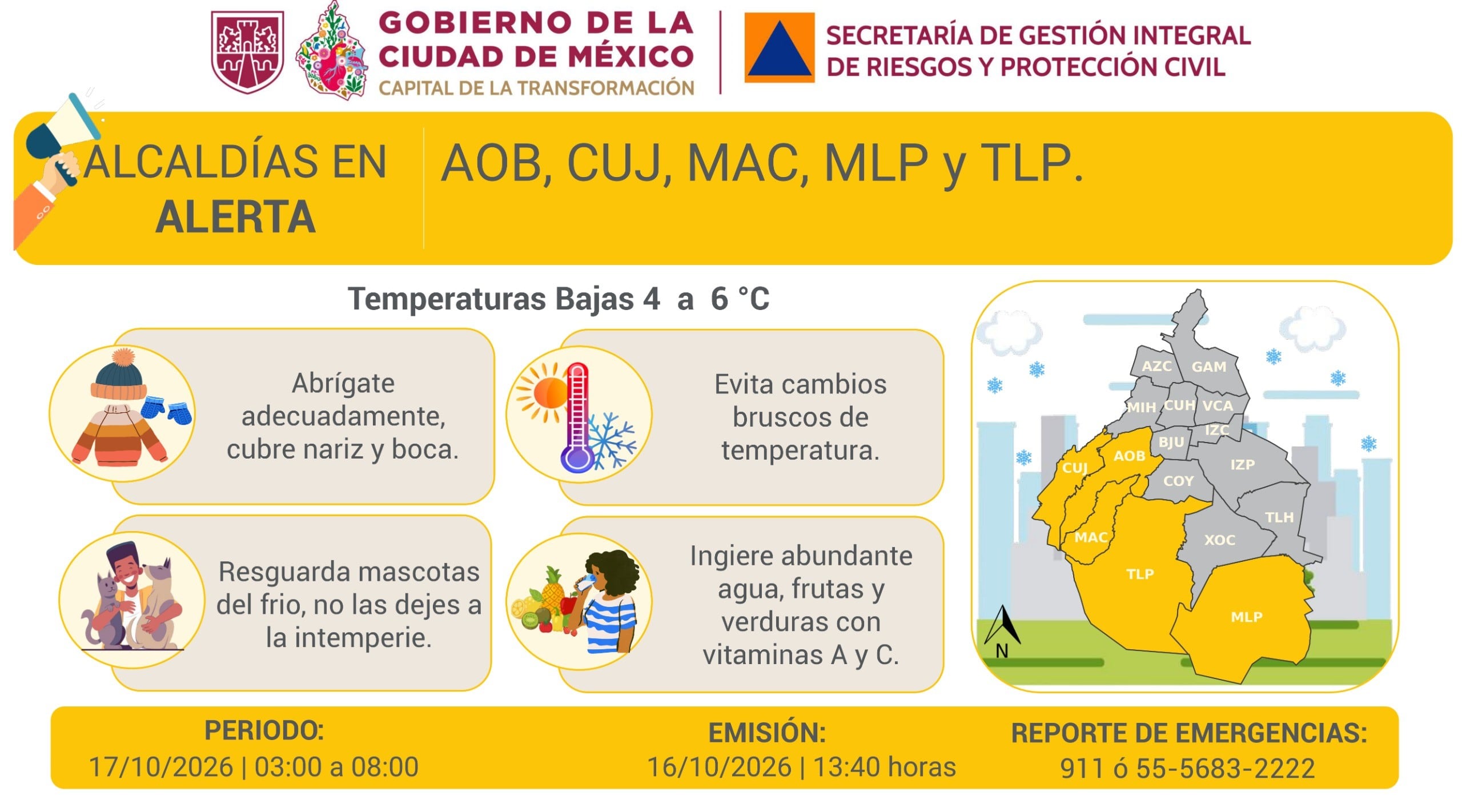 Activan alerta amarilla en cinco alcaldías de CDMX por temperaturas de 4 grados