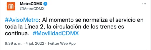 se restablece el servicio de la línea 2 del Metro de la CDMX/captura de pantalla