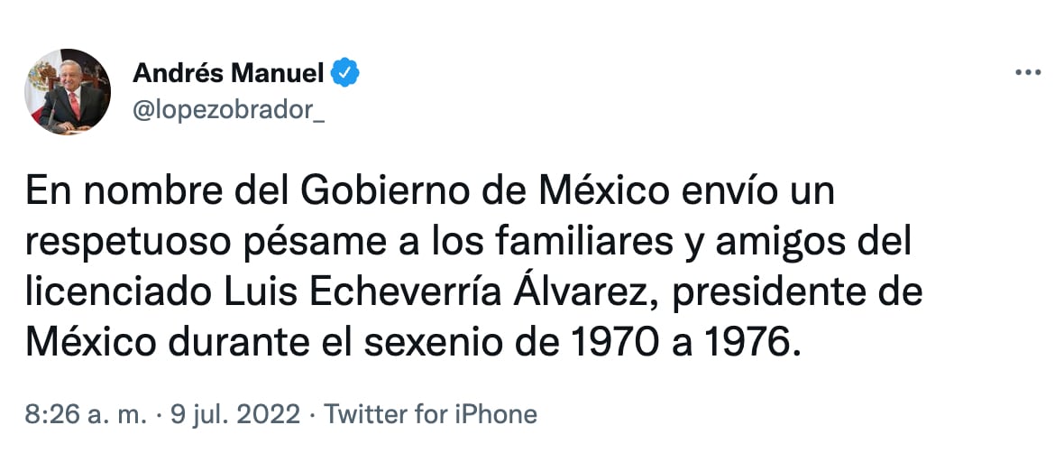AMLO lamenta muerte de Luis Echeverría