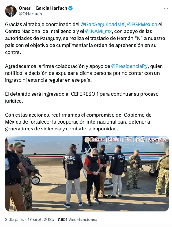 Omar García Harfuch informa traslado de Hernán Bermúdez Requena