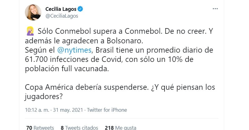 Cecilia Lagos cuestiona organización de Copa América en Brasil