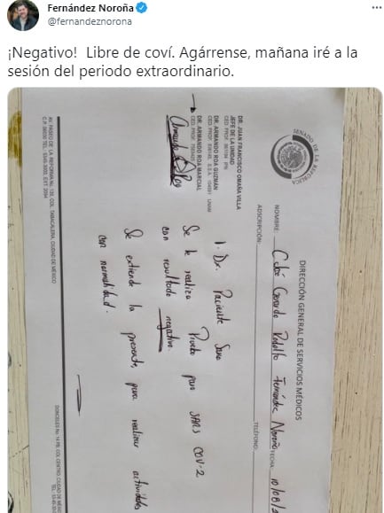Noroña reporta que se recuperó del Covid-19