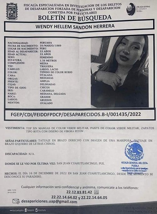 Wendy Hellem, mujer de Perú reportada como desaparecida en Puebla