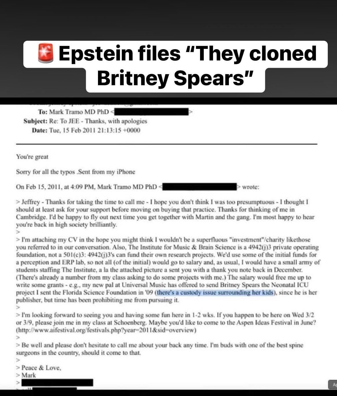Archivos Epstein reviven teoría conspirativa sobre la clonación Britney Spears a cargo de Mark Tramo