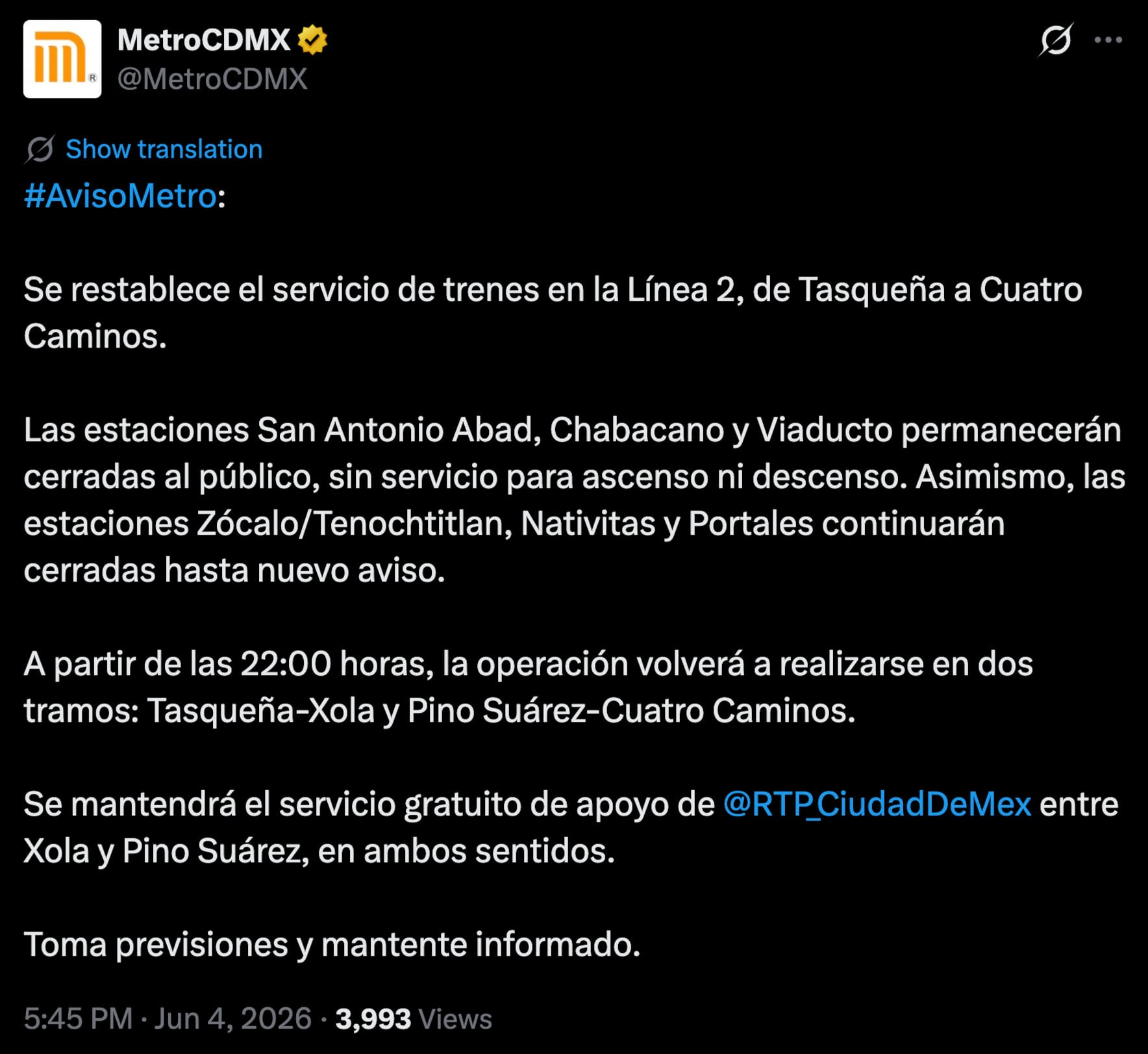 Servicio del Metro CDMX nuevamente opera de Tasqueña a Cuatro Caminos, pero 6 estaciones siguen cerradas