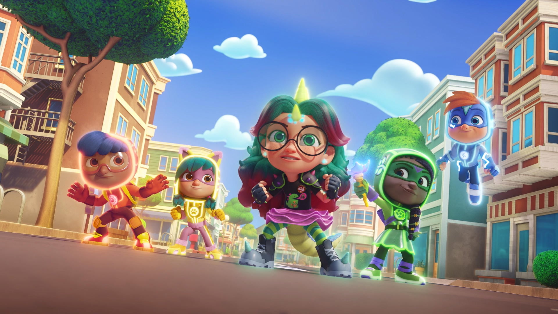 Action Pack. (L to R) Nevin Kar as Clay, Julieta Cortes as Wren, Hartley Wexler as Dinah Rex, Sydney Thomas as Treena, and Oscar Reyez as Watts in Action Pack. Cr. NETFLIX © 2021
