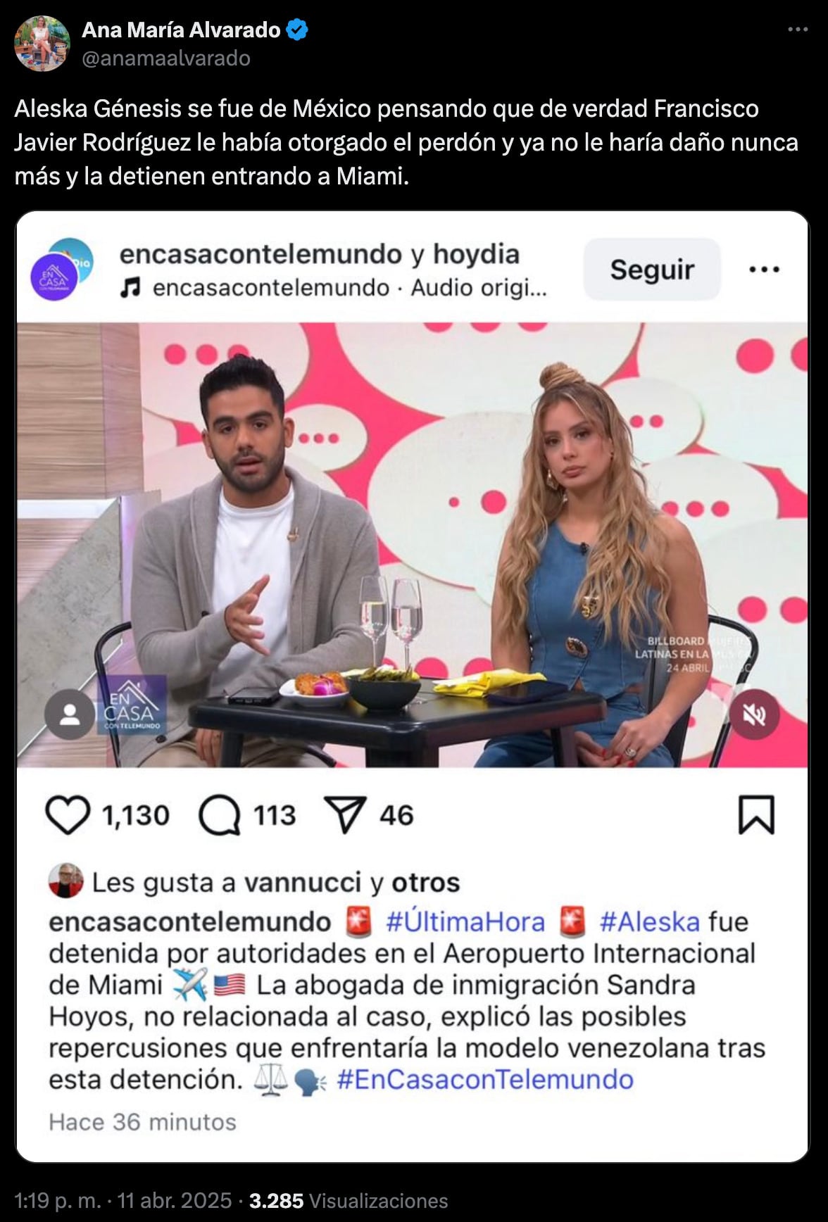 Aleska Génesis fue detenida en el aeropuerto de Miami y posteriormente liberada