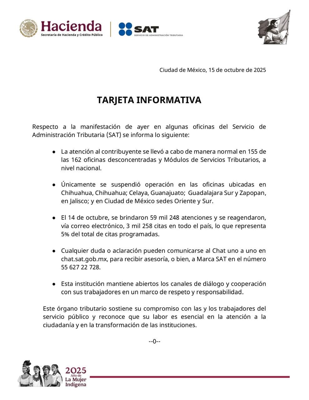 SAT da a conocer saldo y repercusiones del paro laboral en México