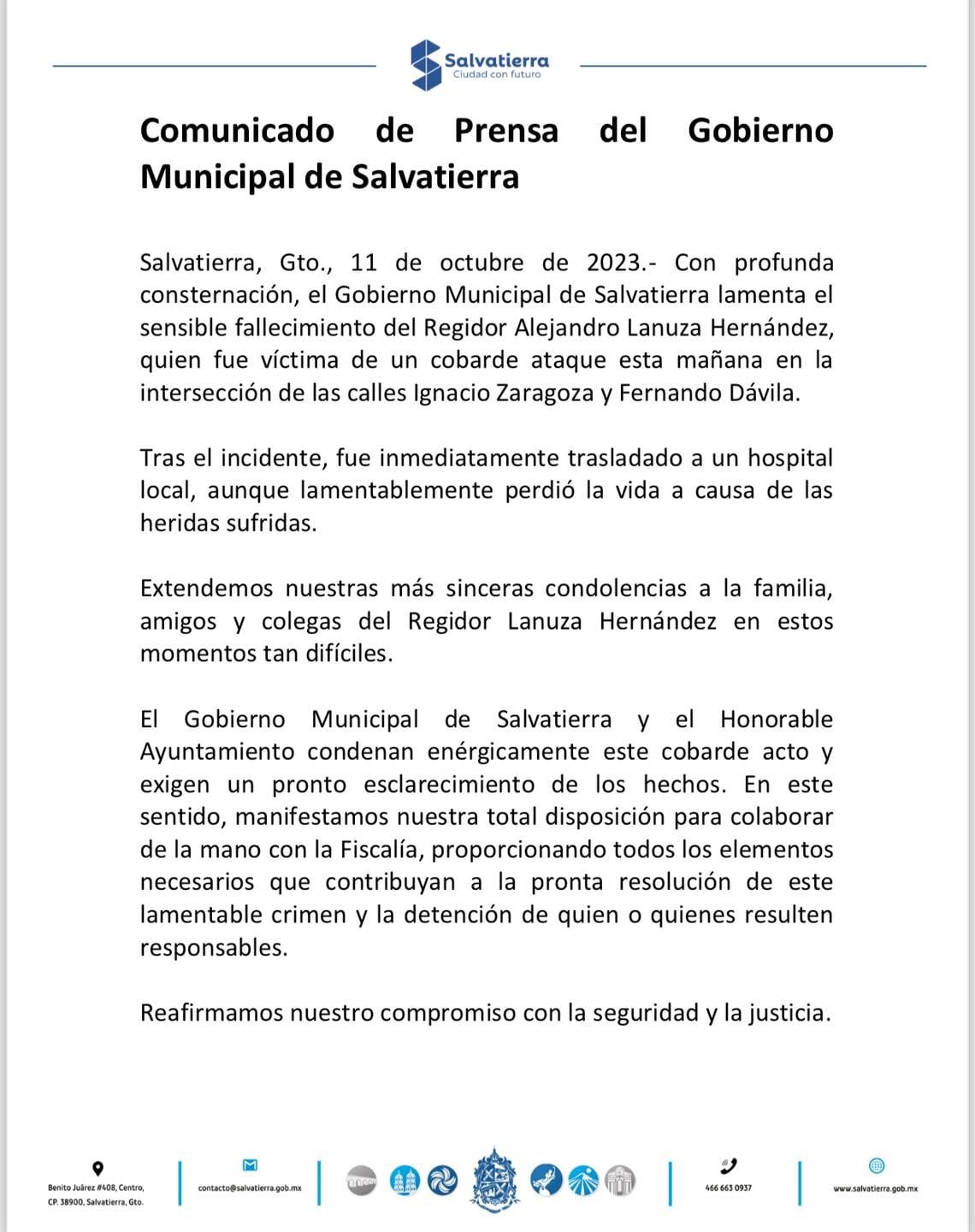 Alejandro Lanuza, regidor de Salvatierra, fue asesinado en ataque directo