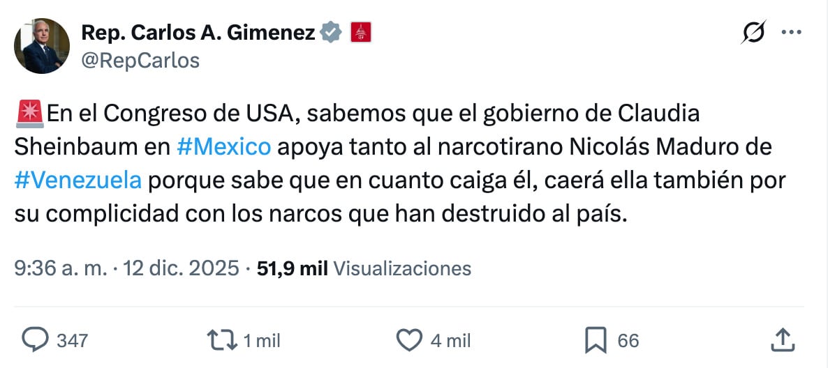 El senador republicano Carlos A. Gimenez de Estados Unidos, se lanzó contra Claudia Sheinbaum asegurando que apoyaba a Nicolás Maduro y el narcotráfico