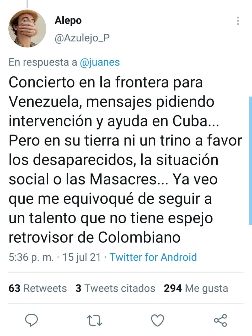 Respuesta a Tweet de Juanes