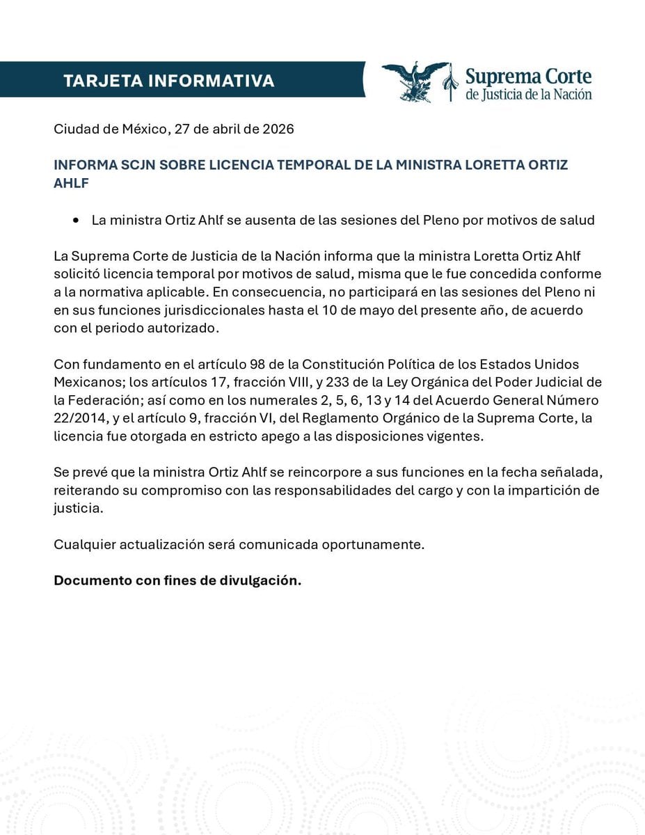 Loretta Ortiz pide licencia por salud en la SCJN hasta 10 de mayo
