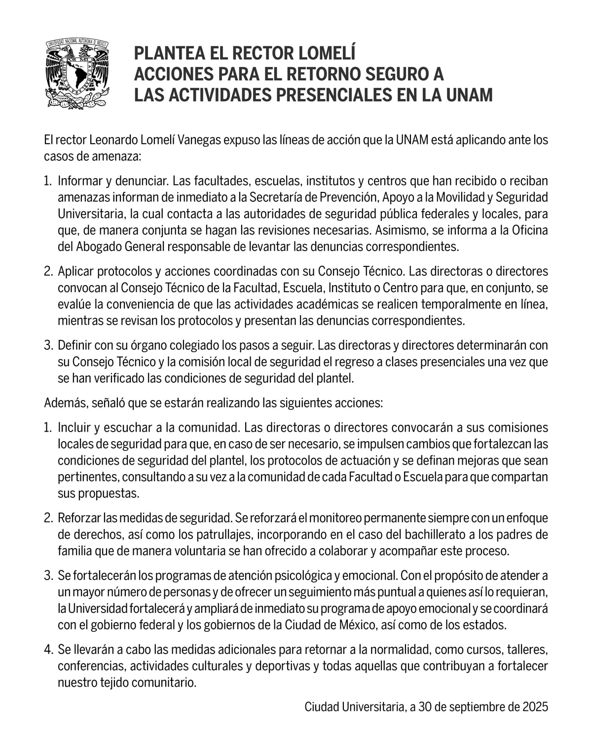 Comunicado UNAM