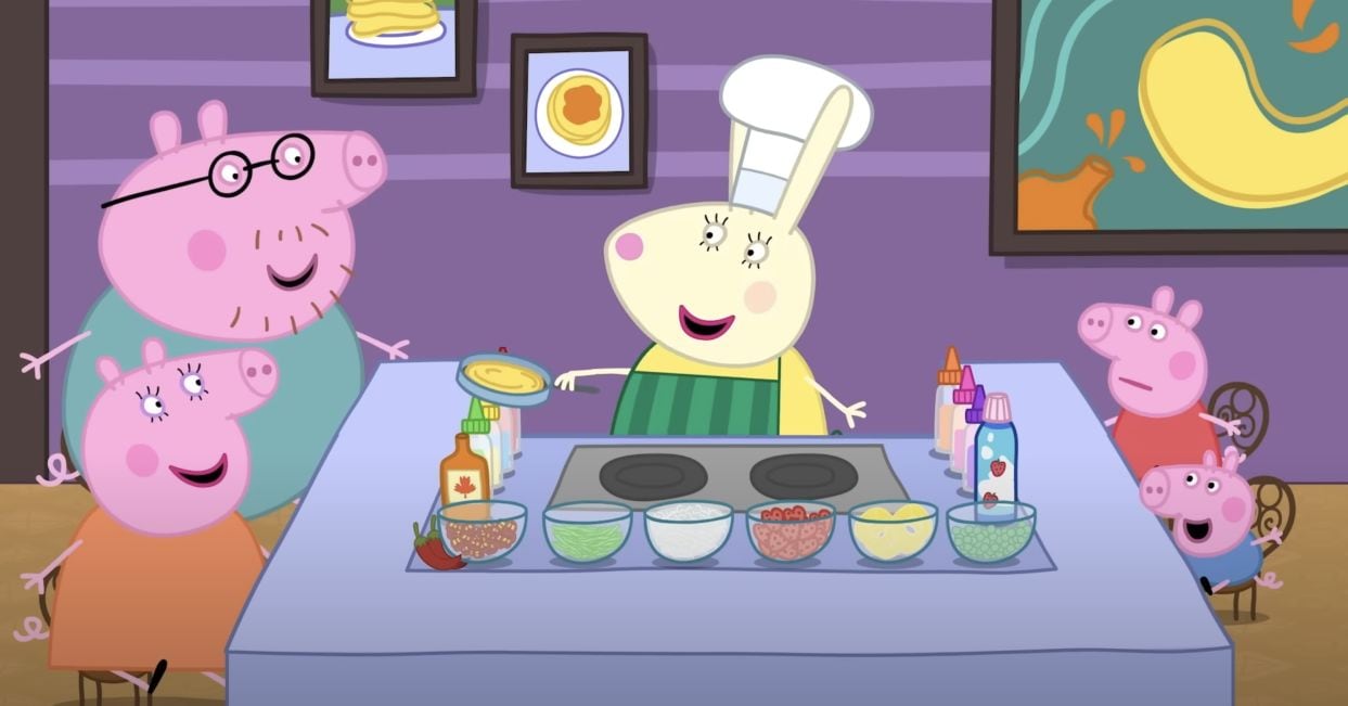 Peppa Pig y George cocinando panqueques de fantasía