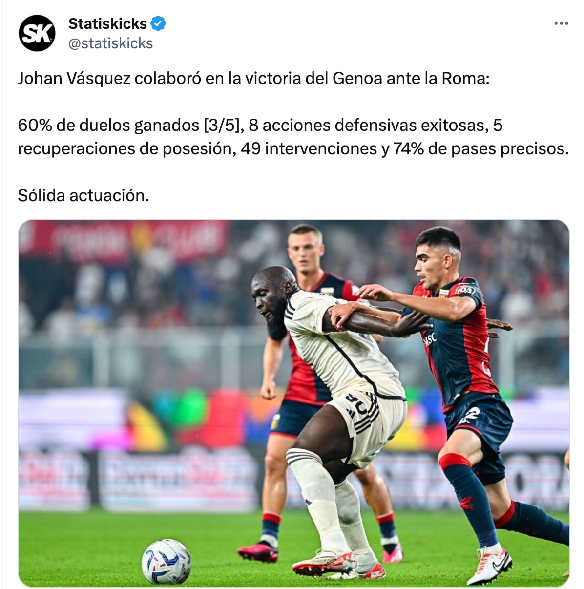 Johan Vásquez en el Genoa vs Roma
