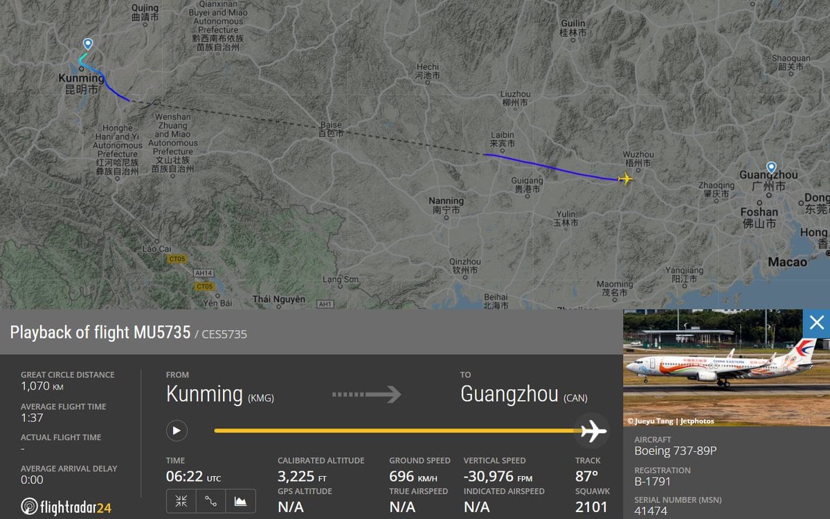 China Eastern Airlines, avión con 132 pasajeros se estrelló hoy 21 de marzo de 2022