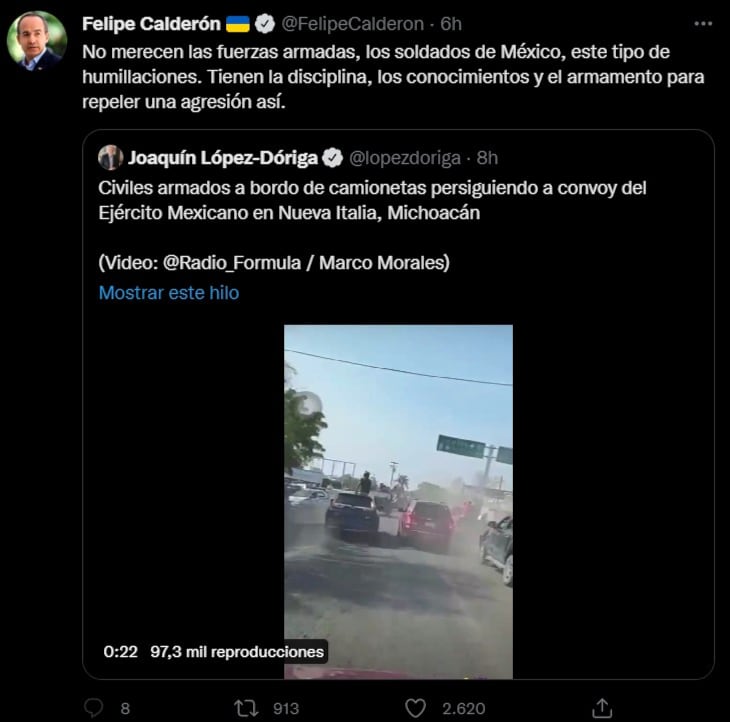 Felipe Calderón dice que Fuerzas Armadas no merecen este tipo de humillaciones