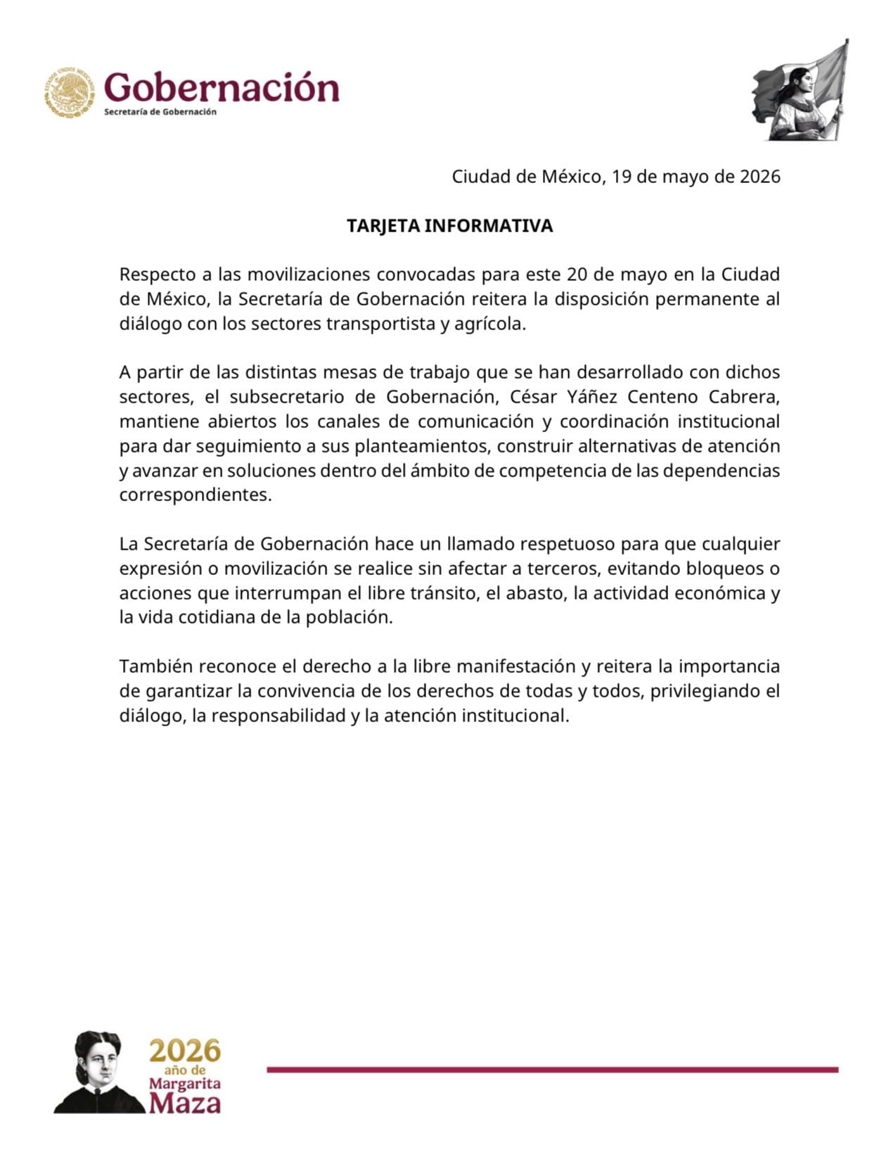 Segob llama a transportistas y agricultores a evitar bloqueos el 20 de mayo