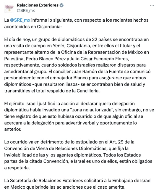 SRE reacciona ante ataque contra diplomáticos mexicanos en Cisjordania